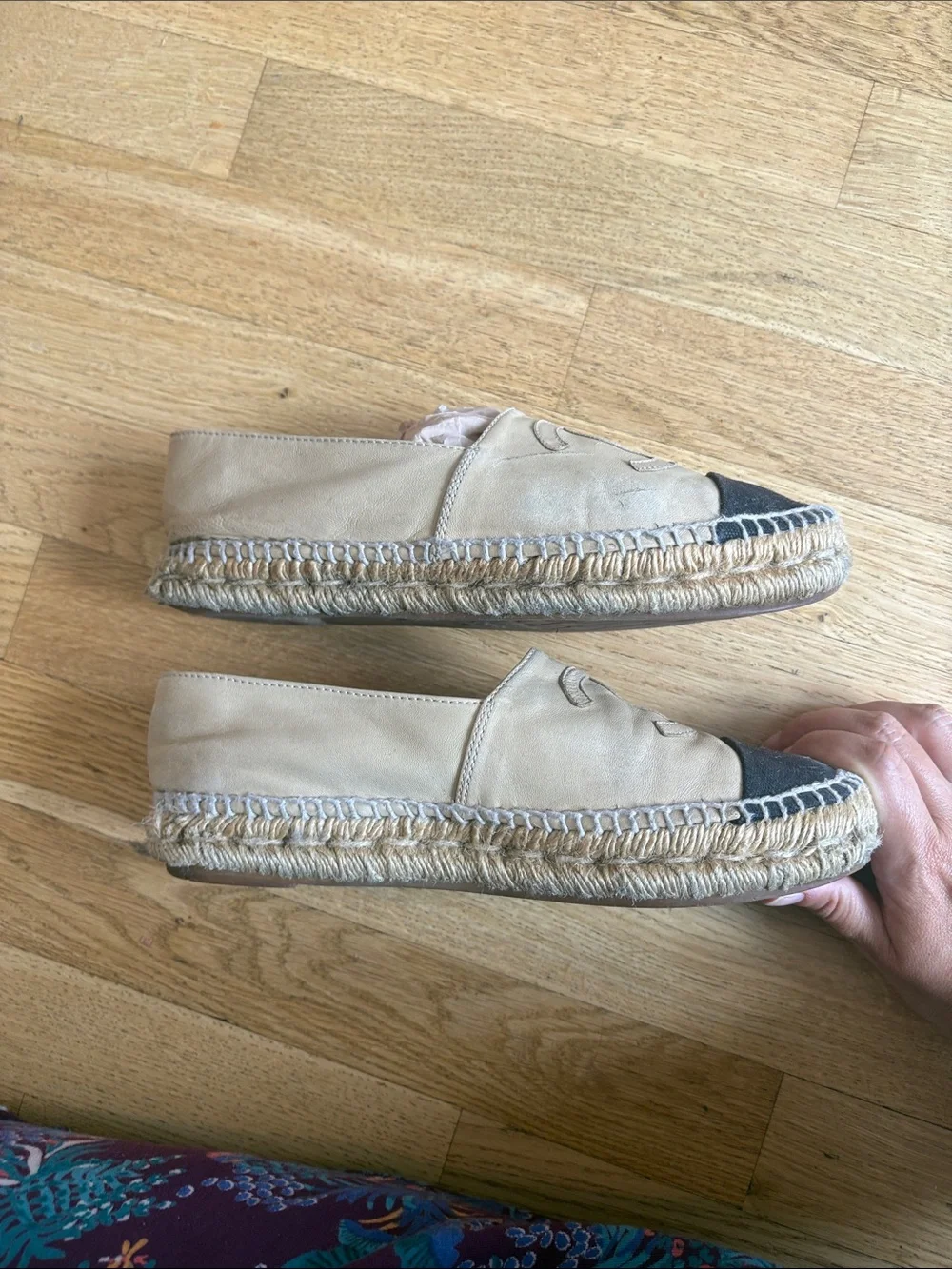 CHANEL Beige and Black leather Espadrille - size 38/8